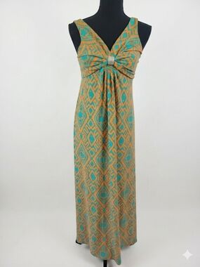Jon & Anna Teal and Tan Geometric Maxi Dress with Front Knot